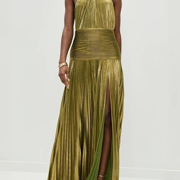 Pleated Maxi Gown | Glitter Green Halter Neck | Slit Maxi Dress - Picture 6 of 6